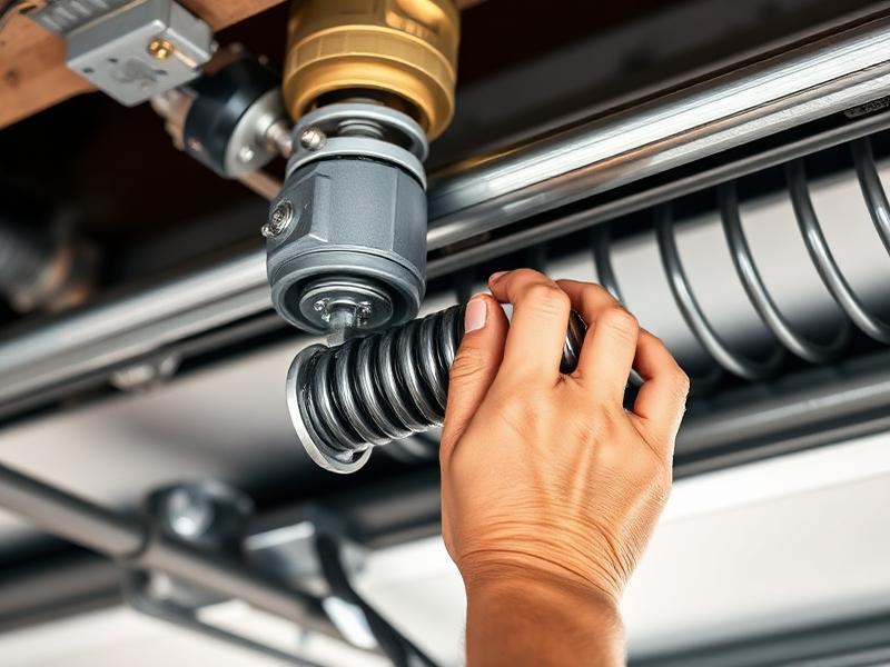 Professional technician replacing torsion springs on a residential garage door in Wilson NC