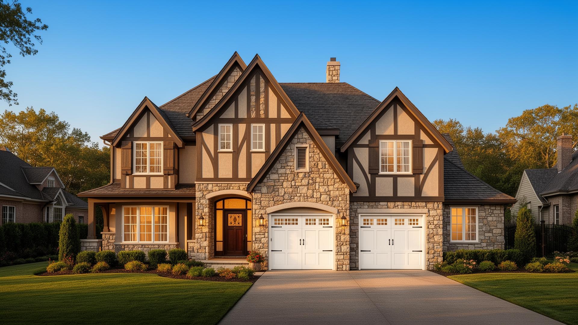 Professional carriage-style garage door installation on a beautiful Tudor home in Wilson, NC